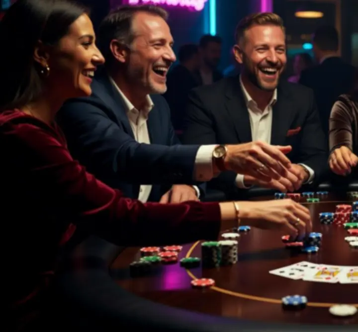 Uczestnicy wieczoru pokerowego świętują zwycięskie rozdanie