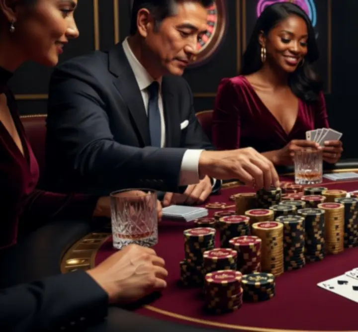 Ustawione stoły pokerowe i oprawa świetlna podczas wieczoru pokerowego