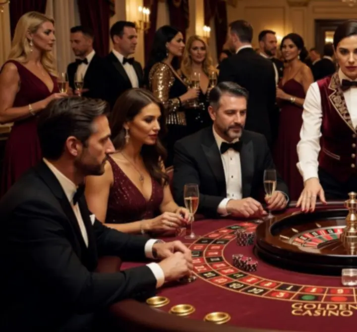 Goście grający przy stołach pokerowych i ruletce podczas wieczoru tematycznego w stylu kasyna.